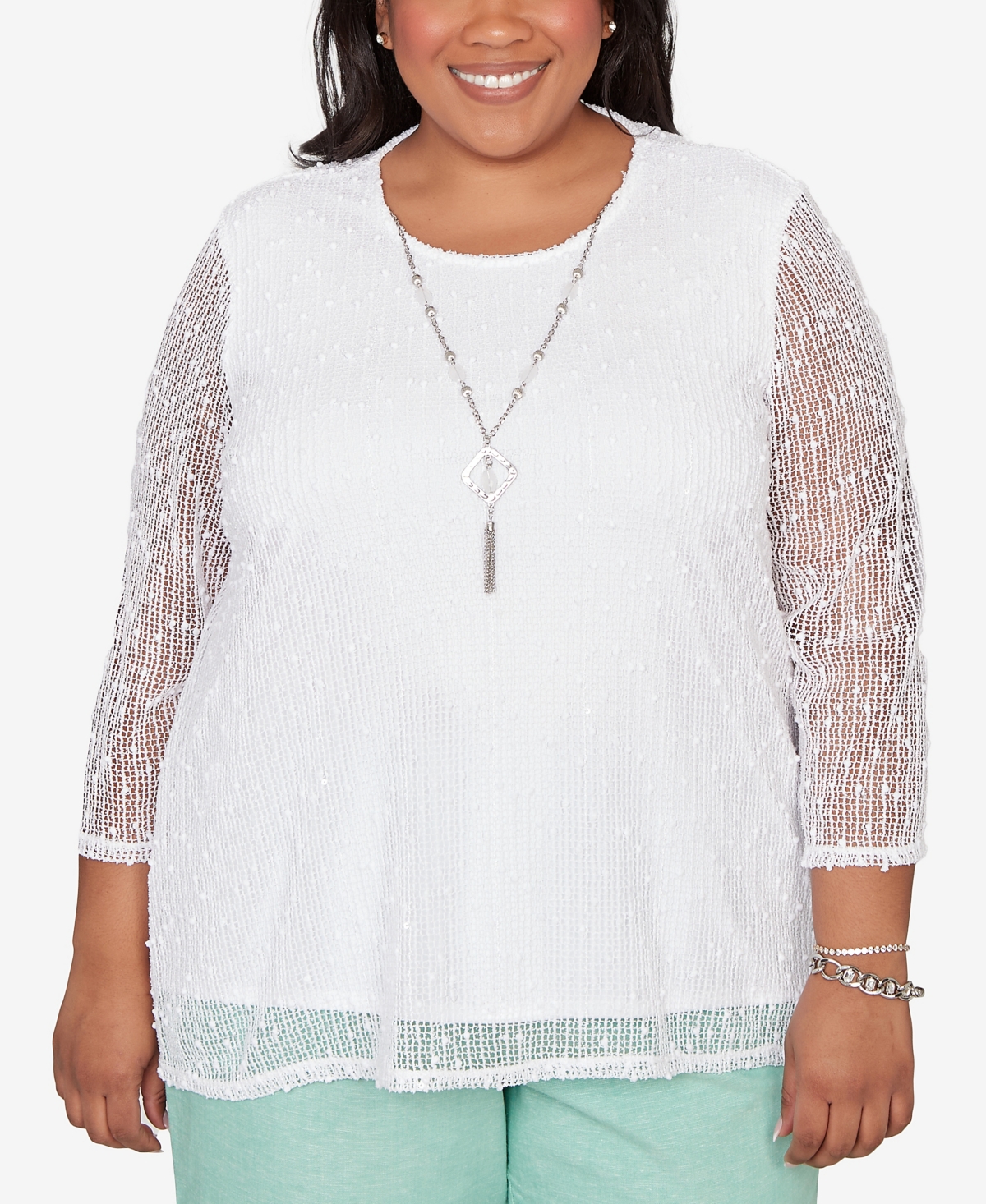 Alfred Dunner Plus Caribbean Blues Popcorn Mesh Solid Top with Necklace