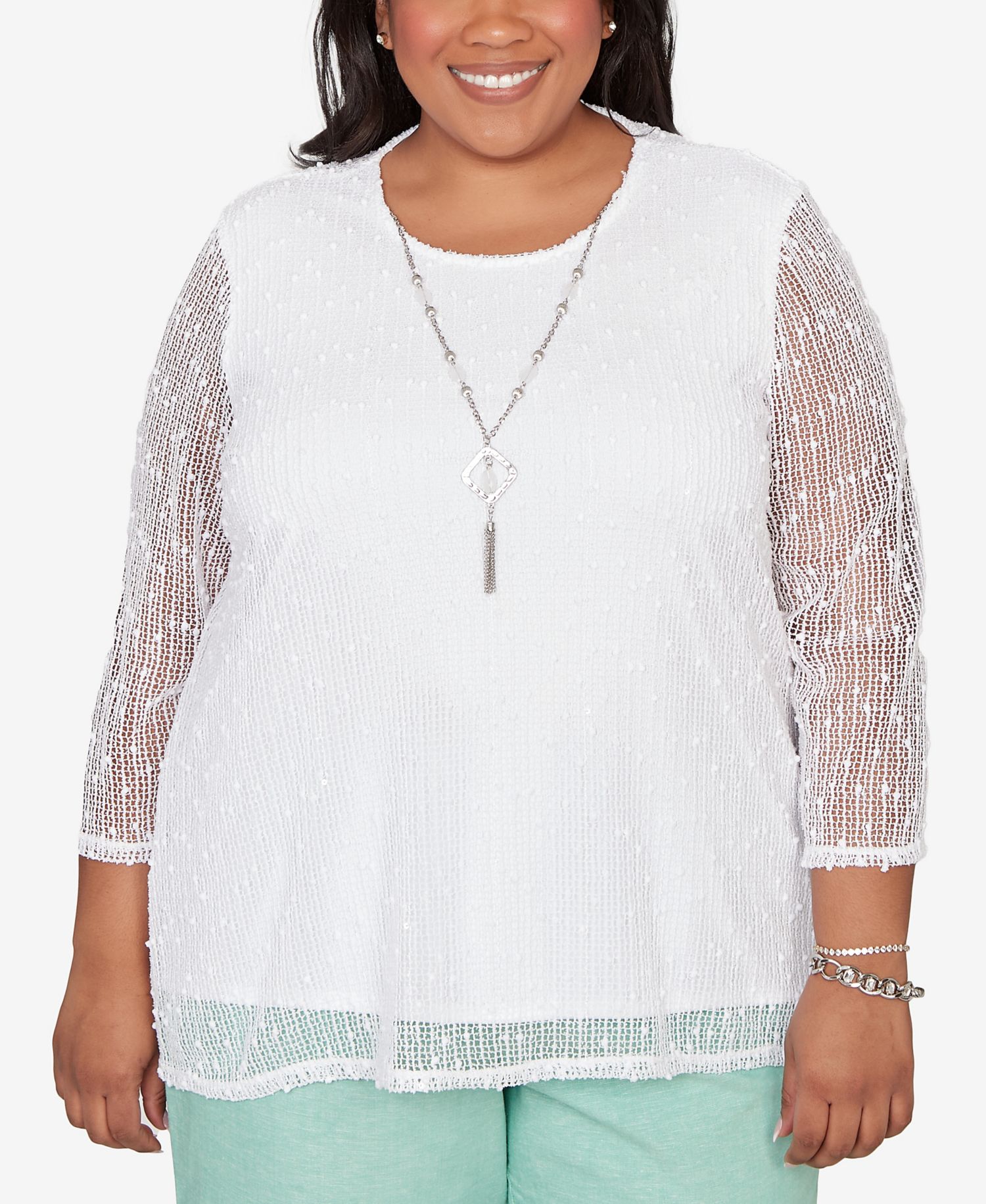 Plus Size Caribbean Blues Popcorn Mesh Solid Top with Necklace