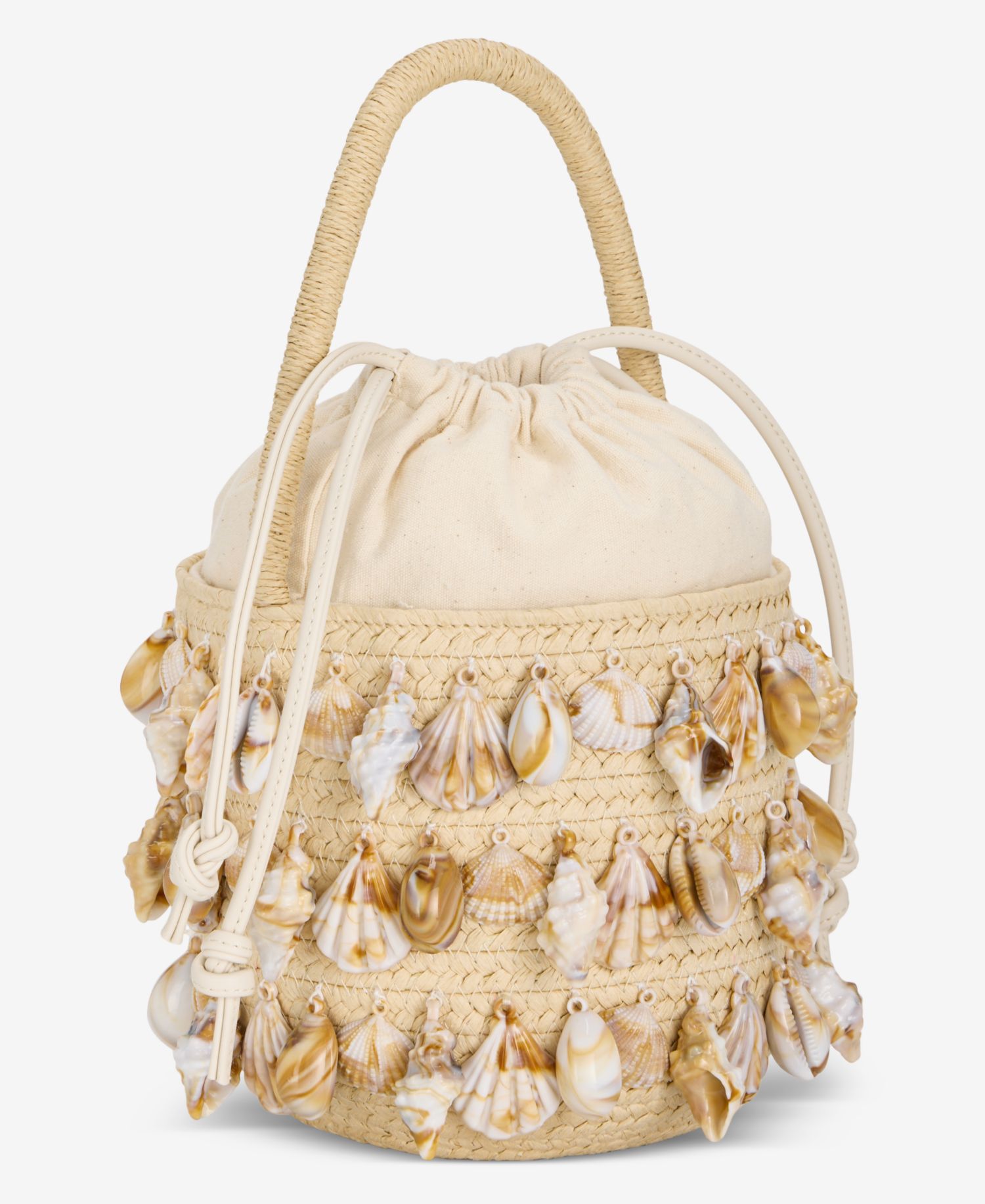 Shell Embellished Straw Bucket Bag