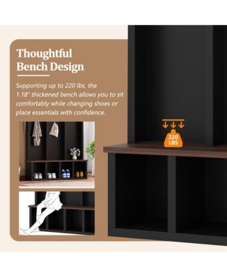 Farmhouse Wooden Style Hall Tree Storage Bench with 5 Hooks