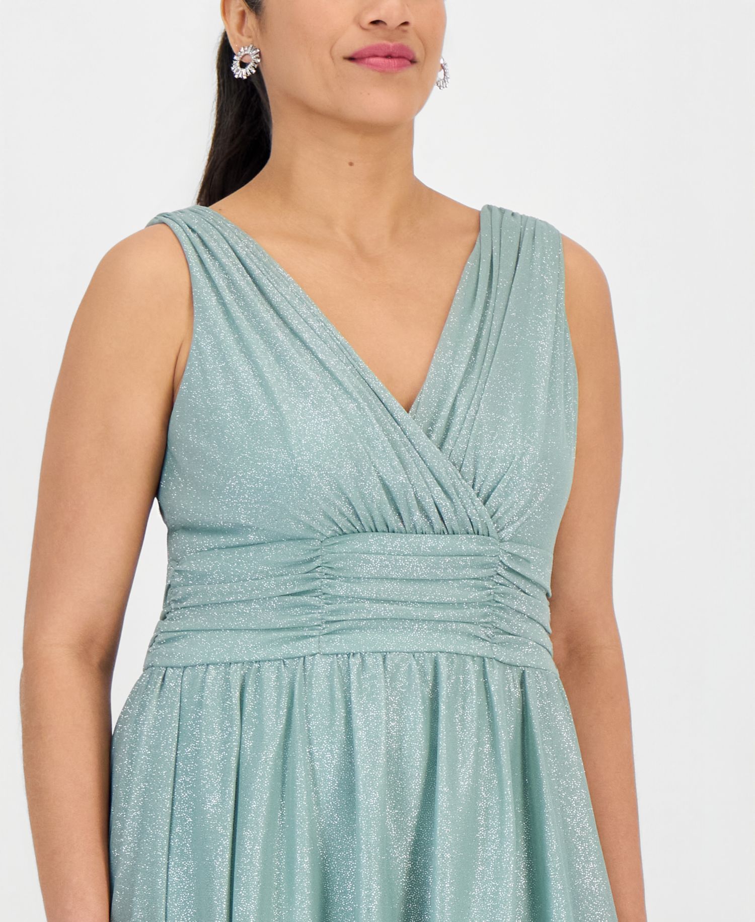 Petite Surplice-Neck Sleeveless Shimmer Dress