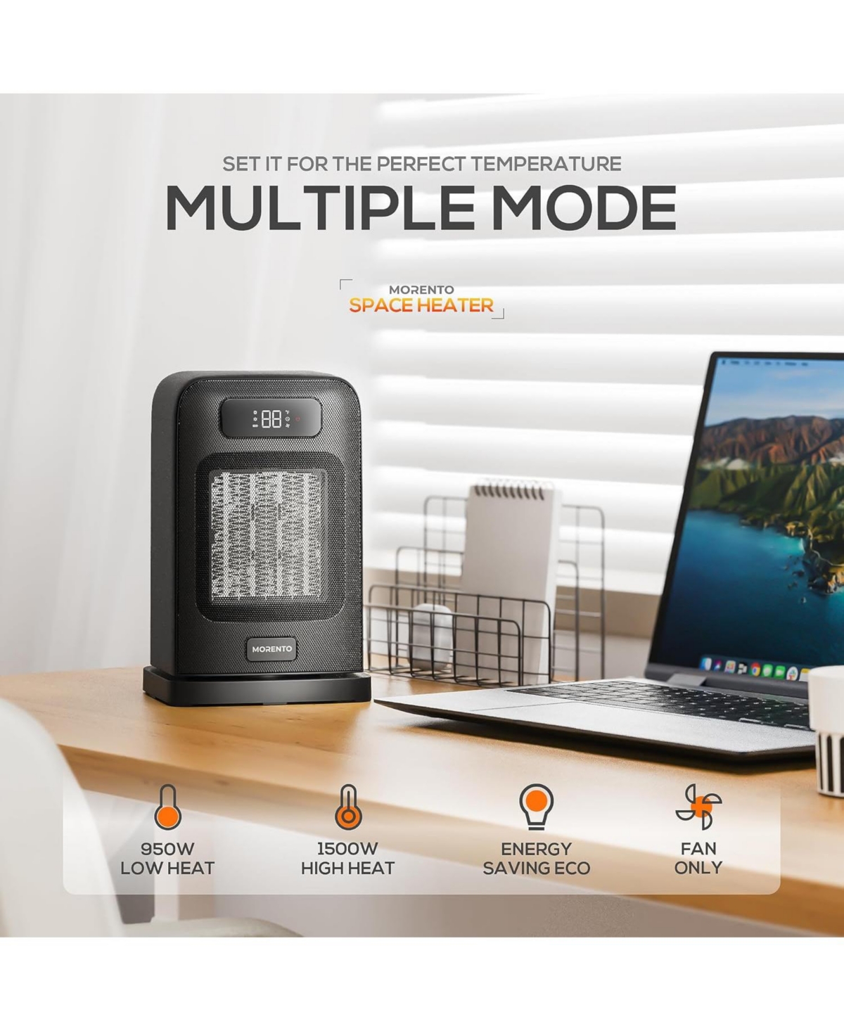 Morento Space Heater, 1500W Electric Heater for Indoor Use, Desk Heater with Heating and Fan Modes with Thermostat