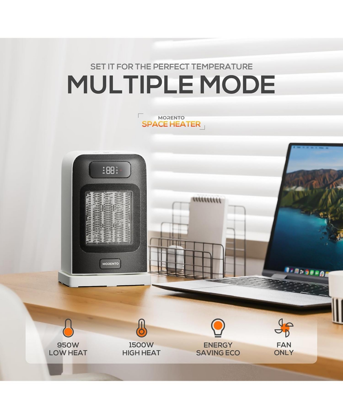 Morento 1500W Space Heater, Electric Heater for Indoor Use, Desk Heater with Heating and Fan Modes with Thermostat