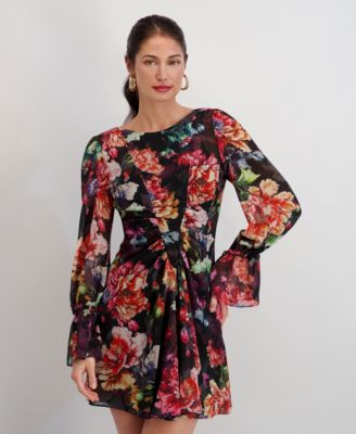 Women's Printed Chiffon Boat Neck Short Dress