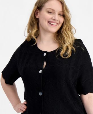 Plus Size Zigzag Short-Sleeve Cardigan Sweater