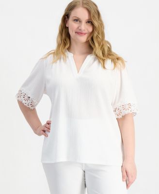 Plus Size Split-Neck Lace-Trim Elbow-Sleeve Top