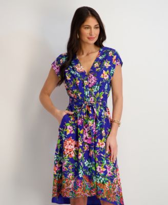 Women's Printed V-Neck Smocked-Back A-Line Dress