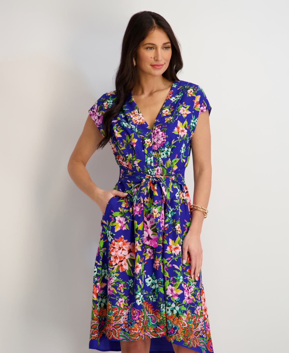 kensie Women's Printed V-Neck Smocked-Back A-Line Dress