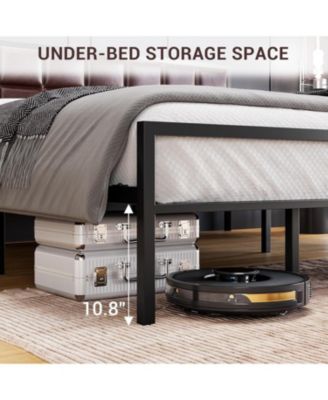 Queen Upholstered Metal Bed Frame with Square-Stitched Headboard, Faux Leather Platform Bed with Steel Slats Support, Box Spring Optional