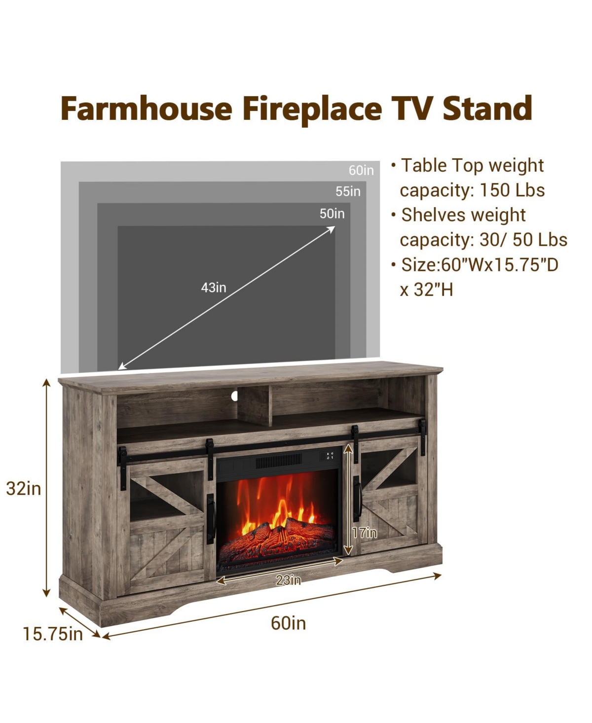 gaomon Electric Fireplace for Tvs Up to 65 in, w/ 23 in Electric Fireplace, Large Entertainment Center with Sliding Barn Door