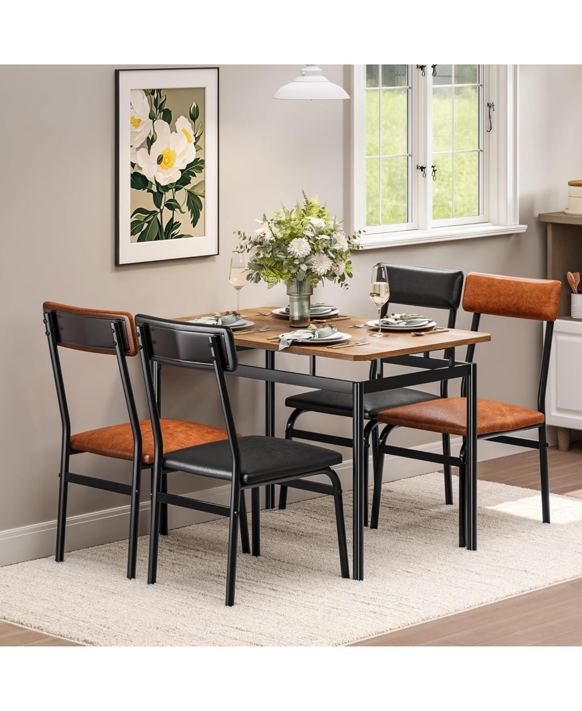 gaomon 5 Piece Dining Table Set for 4, Wooden Table with Pu Upholstered Chairs, Modern Metal Frame Dinette Set for Dining Room and Home