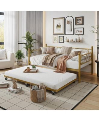 Space-Saving Heavy Duty Metal Daybed with Pull-Out Trundle, Floral Headboard, Steel Slats, Sofa Bed Frame for Living Room