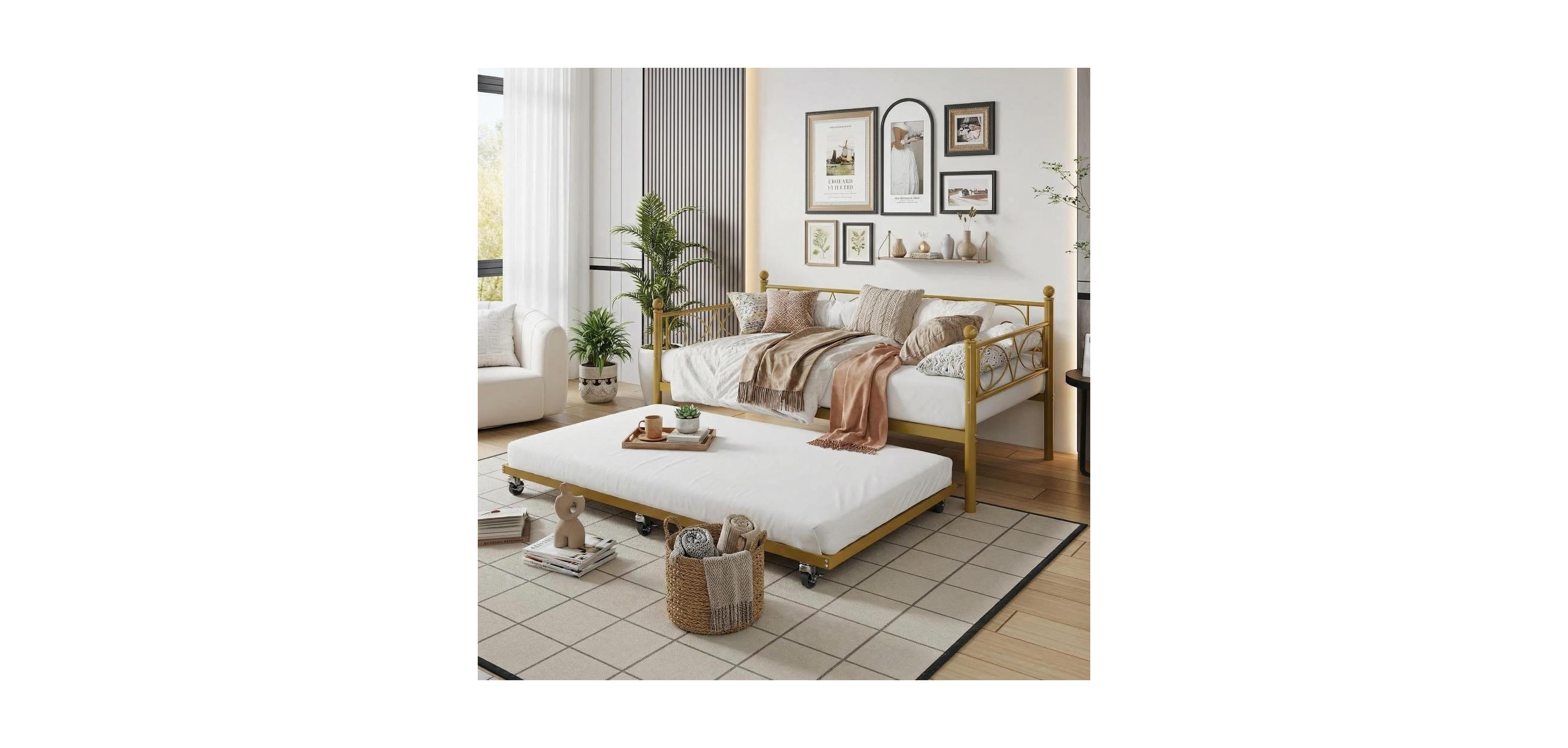 gaomon Space-Saving Heavy Duty Metal Daybed with Pull-Out Trundle, Floral Headboard, Steel Slats, Sofa Bed Frame for Living Room