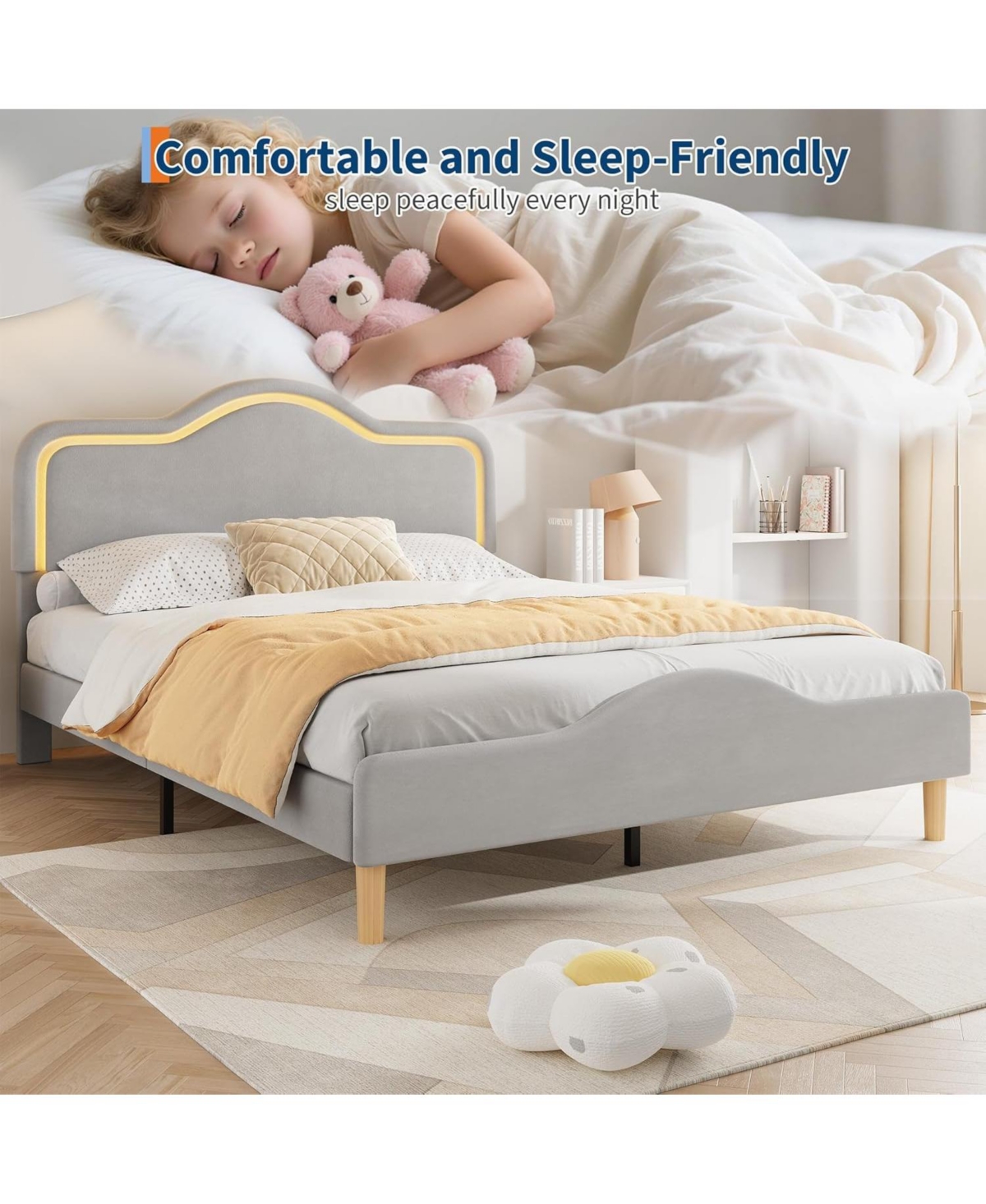 Gaomon Queen Size Bed Frame with Adjustable Led Headboard, Velvet Upholstered Princess Platform Bedframe with Footboard for Kids, Wooden Support