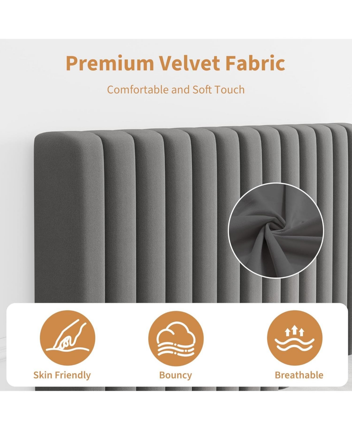 gaomon Twin Size Velvet Bed Frame, Vertical Channel Tufted Headboard, Height Adjustable, Upholstered Platform Bed, No Box Spring Needed