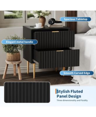 Charging Station & 2 Drawers, Wood Bedside Table with USB Ports & Outlets - Modern Fluted Nightstand
