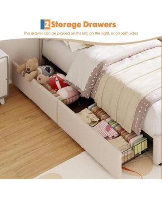 Twin Size Bed Frame with 2 Storage Drawers, Velvet Upholstered Platform Bed with Rainbow Headboard for Kids, Solid Wood Slats Support