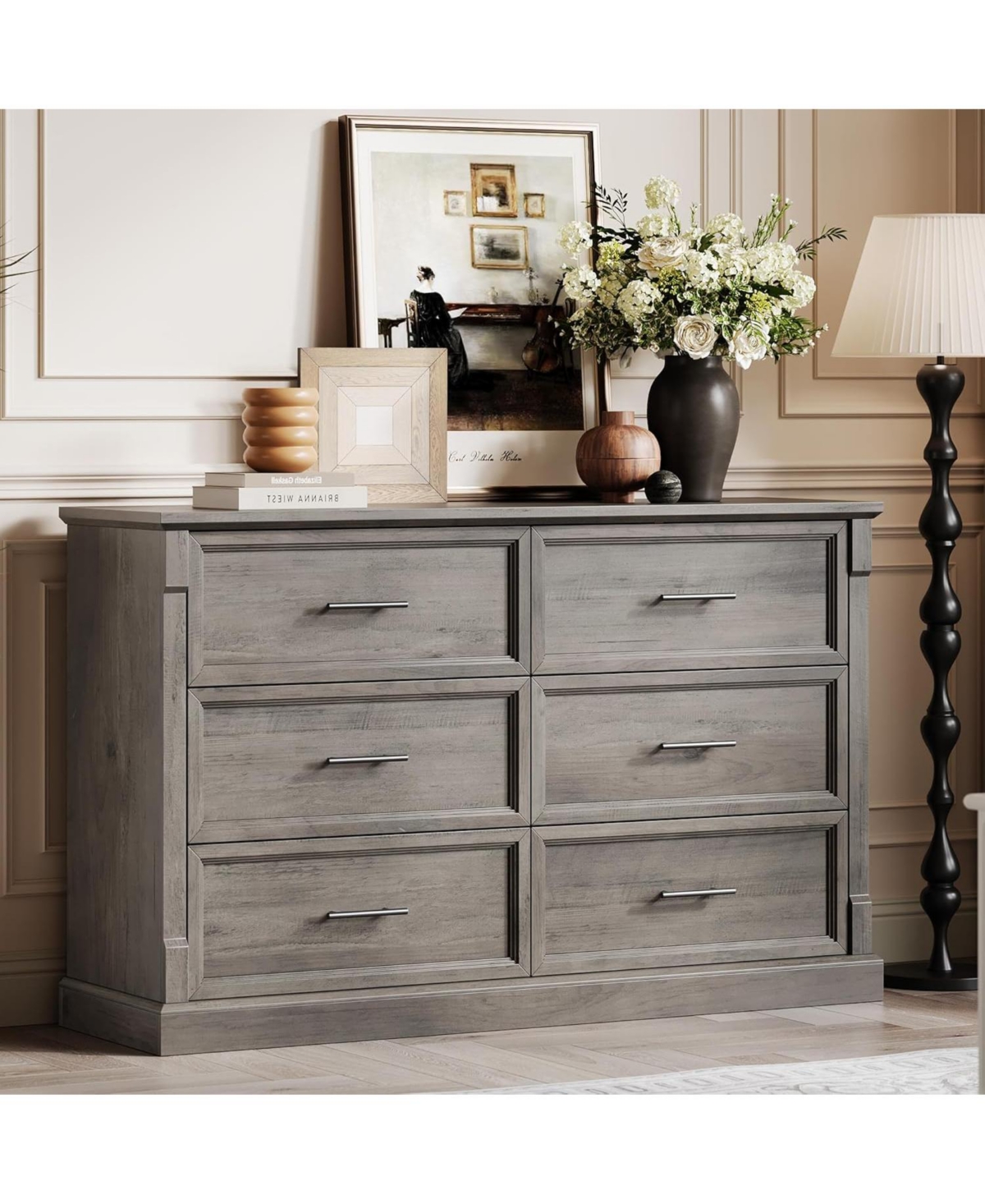 gaomon Grey 6 Drawer Dresser for Bedroom, 47.2'' Farmhouse Chest with Metal Handles, Rustic Wood Storage Organizer