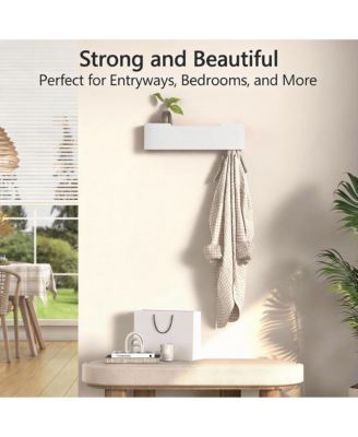 Solid Wood Wall Shelf with Hidden Hooks for Coats, Hats, Bags, Towels