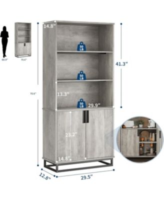 70.6" Tall Bookshelf with Doors and Metal Base, 5-Tier Farmhouse Bookcase with Cabinet and Adjustable Shelves