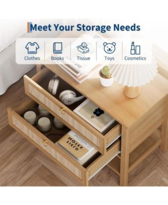 Rattan Night Stand Set of 2, Boho Night Stand with 2 Rattan Drawers, Large Bedside Table Side Table