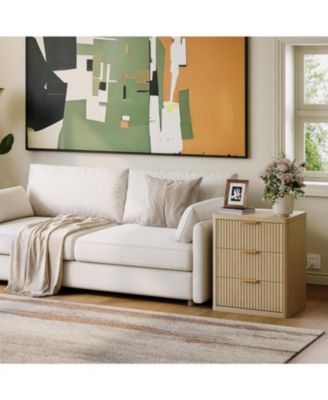 Fluted Nightstand with Charging Station, Bedside Table with 3 Drawers Storage Space.