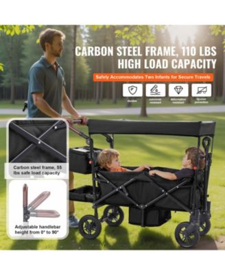 Wagon Stroller for 2 Kids, Collapsible Push Pull Quad Stroller with Adjustable Handle, Harness, Removable Canopy, 4 Wheels with Brakes