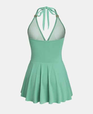 Women's Metal-Trim Ruched V-Neck Halter Swim Dress