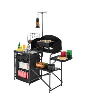 Camping Kitchen Table, Aluminum Portable Cook Station with Storage Cupboard, Detachable Windscreen, Carrying Bag, Quick Setup