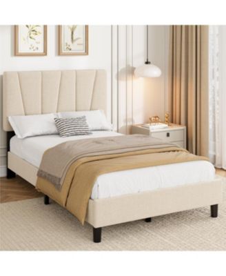 Twin Size Linen Upholstered Platform Bed Frame with Adjustable Headboard, Wooden Slats Support, No Box Spring Needed, Easy Assembly