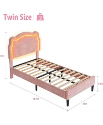 Twin Upholstered Smart LED Bed Frame with Velvet Princess Headboard, Wooden Slats Support, No Box Spring Needed