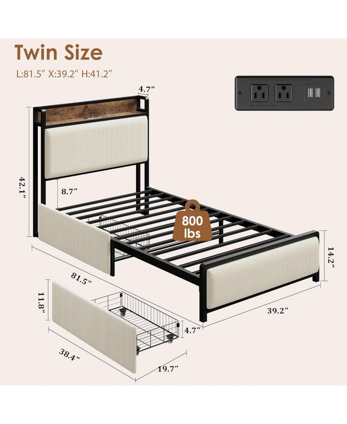 Gaomon Twin Xl Platform Bed Frame with Storage Headboard, 2 Drawers & Charging Station, Linen Upholstery, Heavy Duty