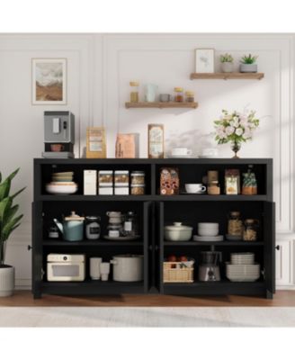 55" Farmhouse Buffet Sideboard Cabinet, Large Wood Storage with 4 Doors & Adjustable Shelves, Coffee Bar for Kitchen, Dining Room, Living Room