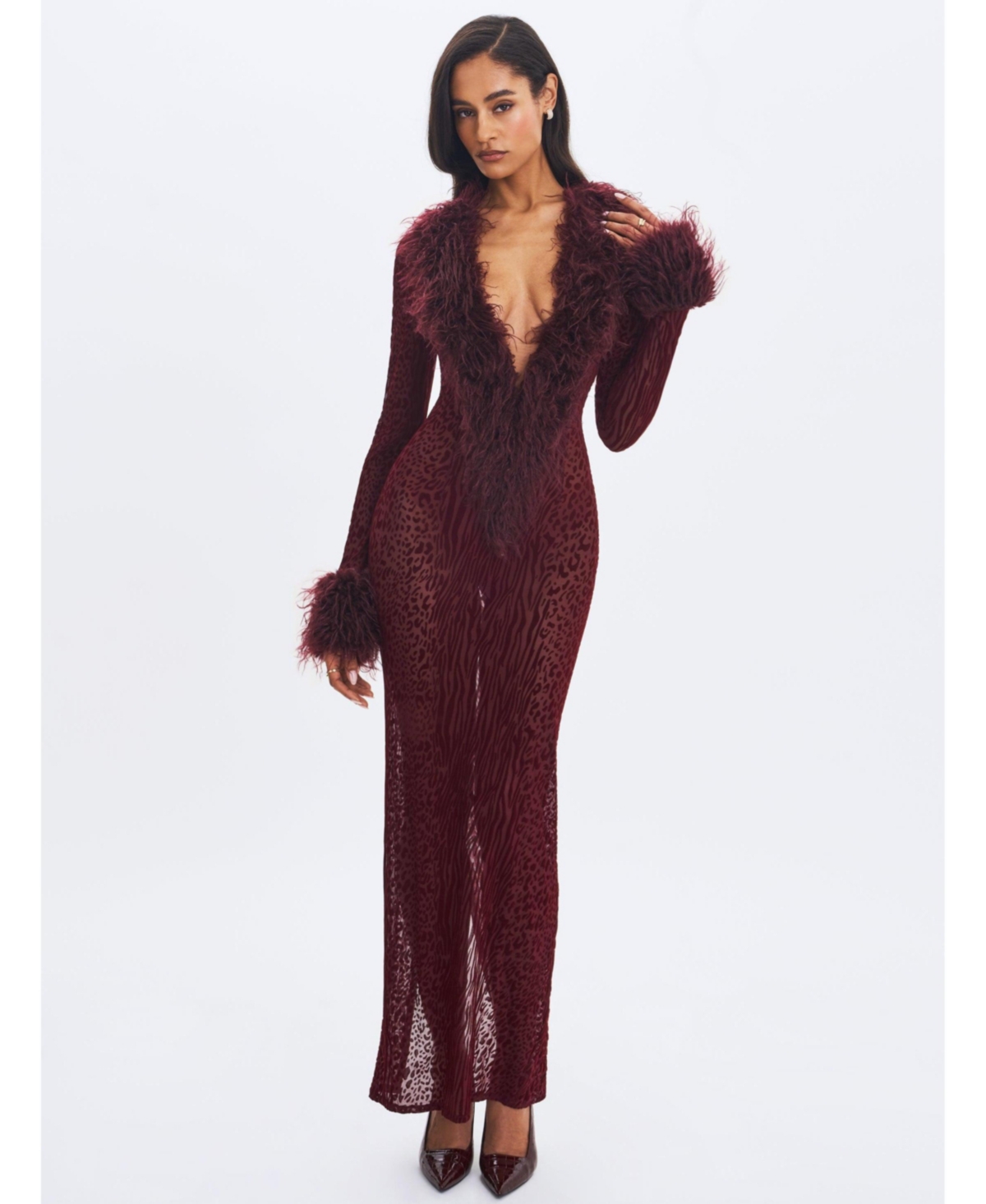 Miss Circle Women's Luana Burgundy Plunging Fur Trimmed Crochet Maxi Dress