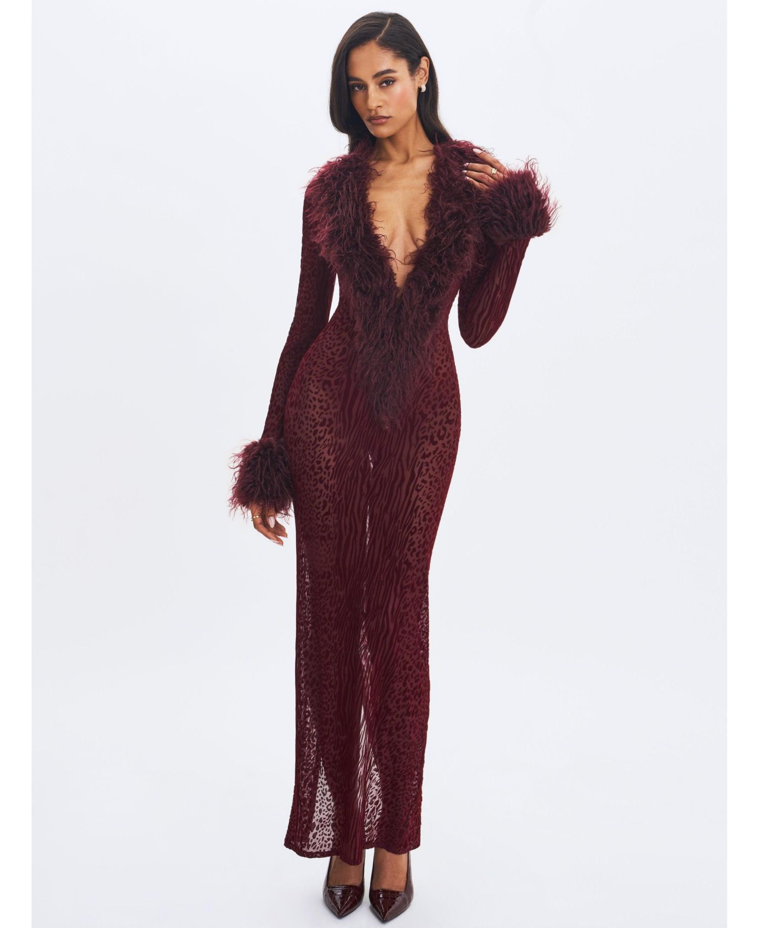 Women's Luana Burgundy Plunging Fur Trimmed Crochet Maxi Dress
