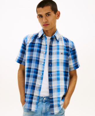 Men's Check Plaid Linen-Blend Short-Sleeve Shirt