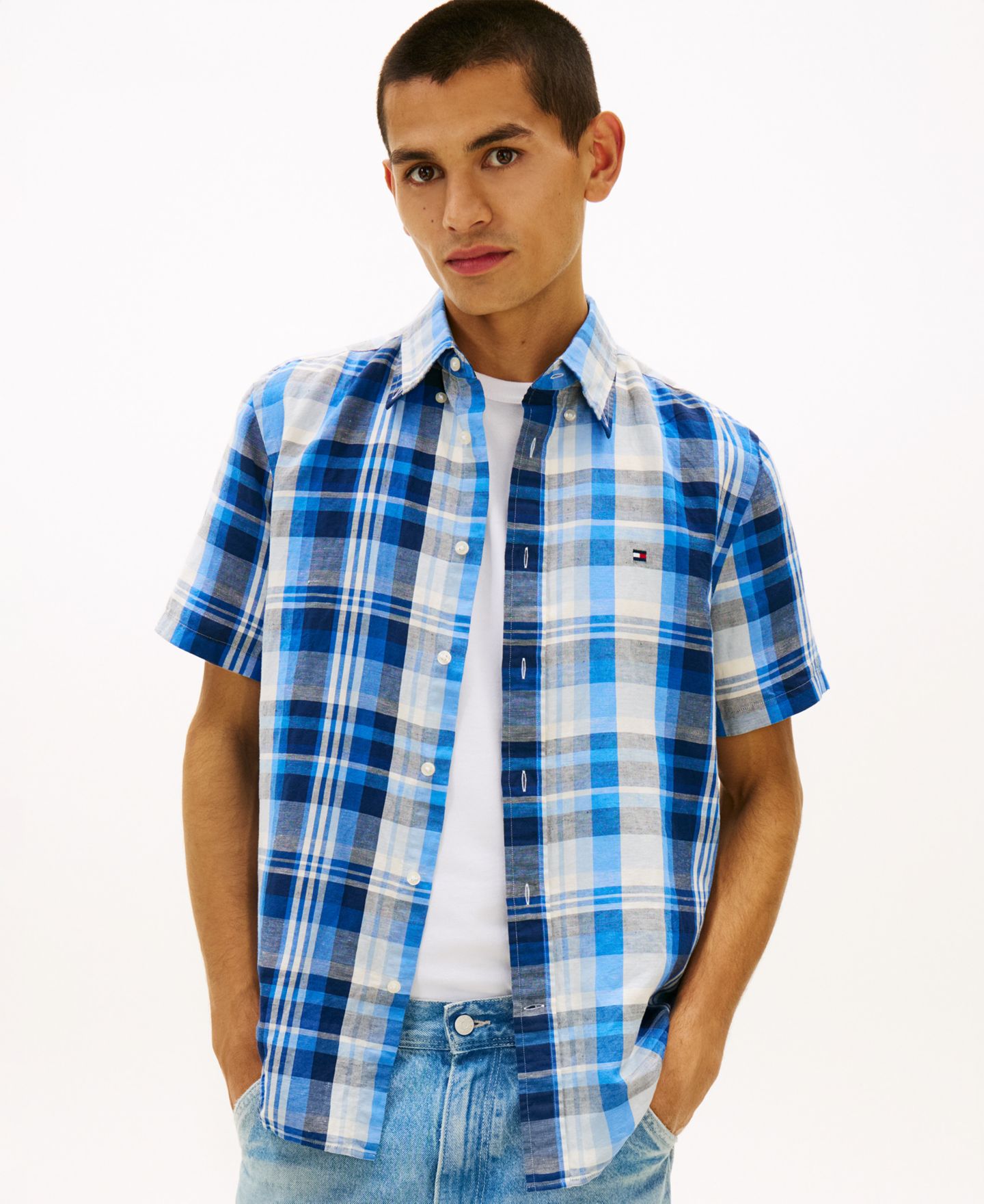 Мужская рубашка Tommy Hilfiger Check Plaid Linen-Blend Short-Sleeve, цвет: Тёмно-синий / Клетчатый — фото 1