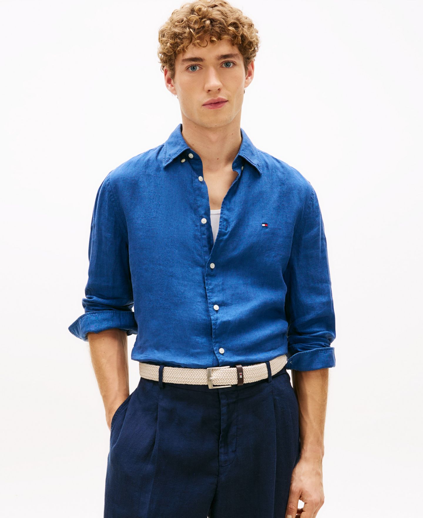 Мужская рубашка Tommy Hilfiger 100% Linen Long-Sleeve Shirt, цвет: Синий — фото 1