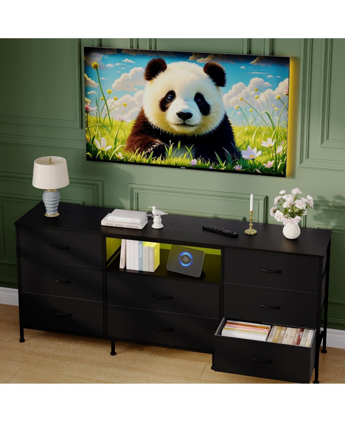 gaomon 63" Tv Stand with 8 Fabric Drawers and Led Lighting, Steel Frame Media Console for 65 70 75 Inch Televisions