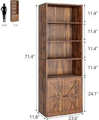 Industrial Bookcase with Doors – 6-Shelf Farmhouse Wooden Bookshelf, 11.8" Deep Display Storage Shelves for Bedroom, Living Room