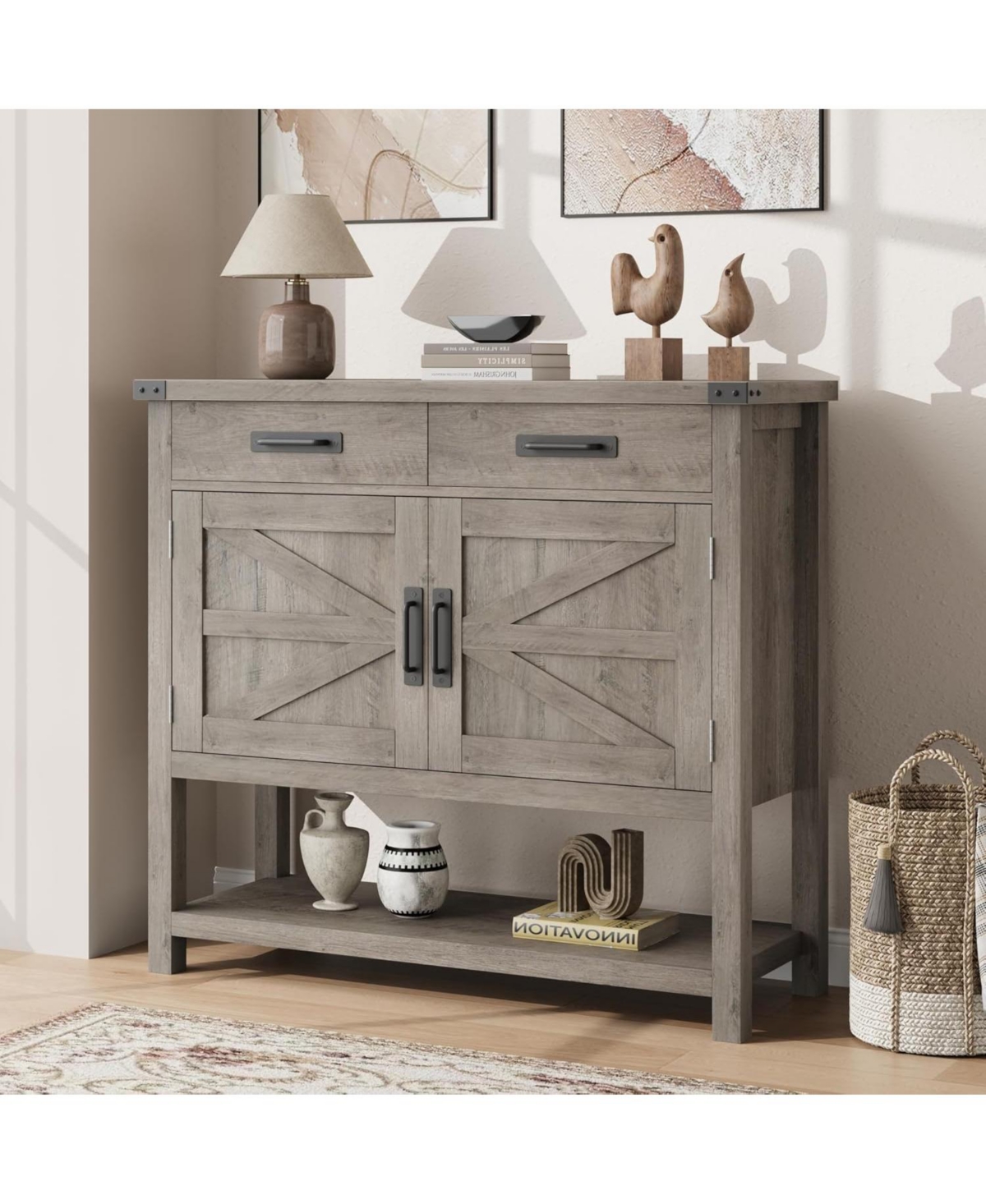 gaomon Farmhouse Console Table with 2-Door & 2 Drawers, Wood Coffee Bar Cabinet Sofa Table, Entryway Table with 2 Storage Cabinets, Farmhouse Buffet