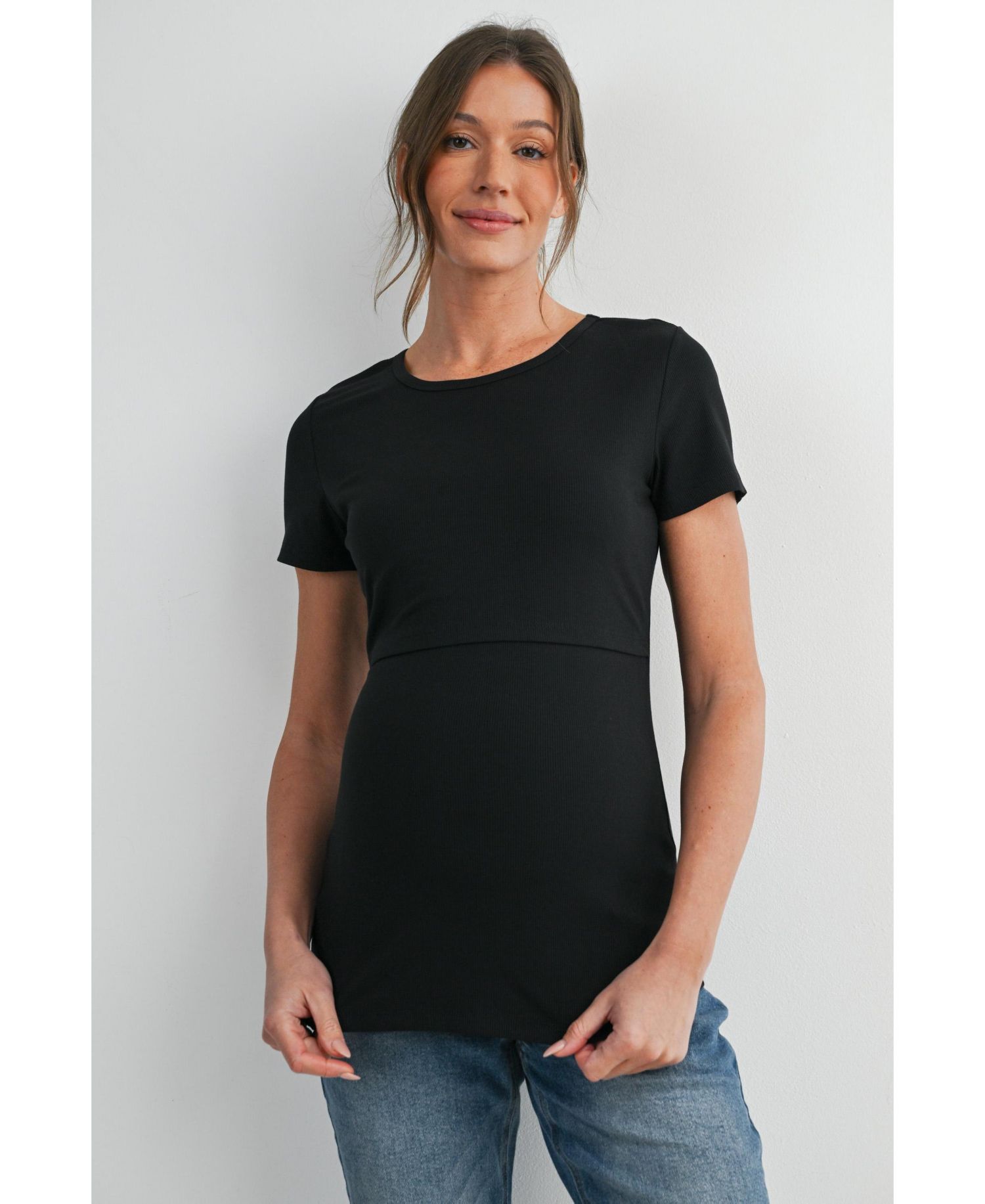 Maternity Nursing Ribbed Short-Sleeve Crewneck Top with Lift-Up Panel