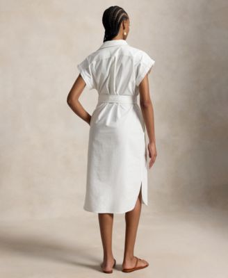 Women's Point Collar Cap-Sleeve Belted Shirt Dress