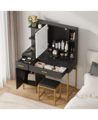 Vanity Desk with Lighted Mirror and Power Outlet - Makeup Table with 2 Drawers - 9 Open Shelves and 2 Cabinets