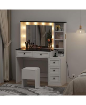 Makeup Vanity Set - Vanity Desk with Lighted Mirror and Charging Station - Makeup Vanity Desk with 5 Drawers and 3-Tier Cabinet