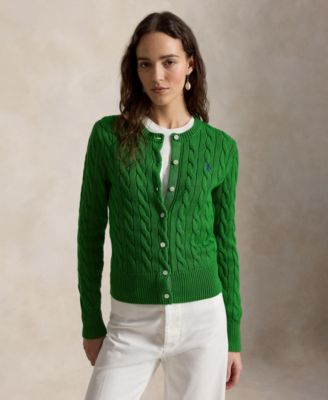 Women's Cable-Knit Cotton Crewneck Cardigan Sweater