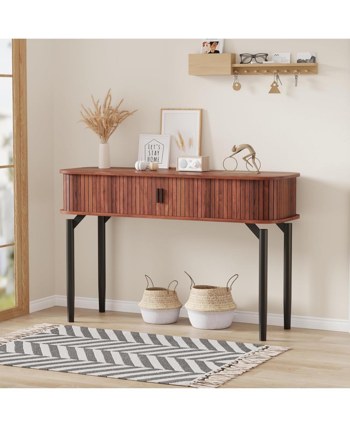 47" Entryway Table with Fluted Slide Doors, Console Table with Storage Space, Sofa Table Narrow Long for Living Room, Hallway, Front Hall