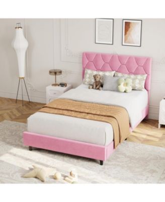 Pink Twin Bed Frame with Upholstered Headboard, Heavy-Duty Platform Bed Frame with Strong Wood Slats, No Box Spring Needed