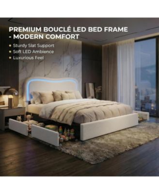 Twin Boucle Bed Frame with Storage Drawers, LED Headboard, Upholstered Platform