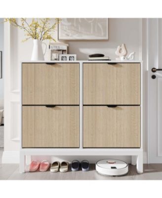 Farmhouse Shoe Cabinet with 4 Flip Drawers – Freestanding Fluted Shoe Organizer with Metal Legs, Slim Hidden Shoe Rack